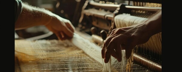 Artisan hands skillfully working on a colorful textile on a traditional wooden loom, demonstrating craftsmanship