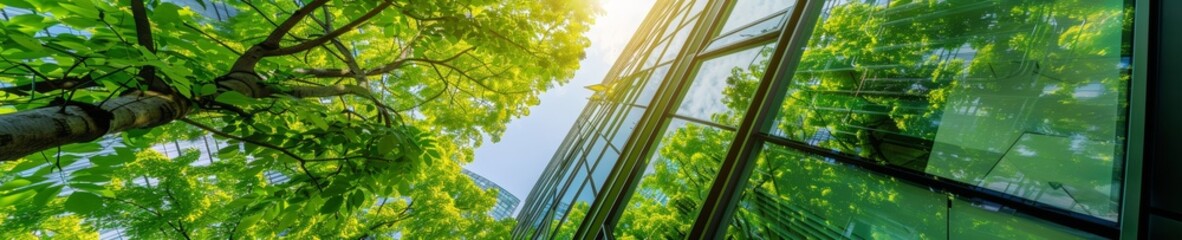 Green tree leaves framing a modern glass building facade.