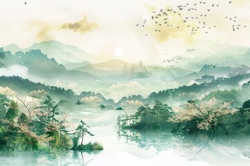  blue tone watercolor landscape drawing with river, mountain and trees - obrazy, fototapety, plakaty