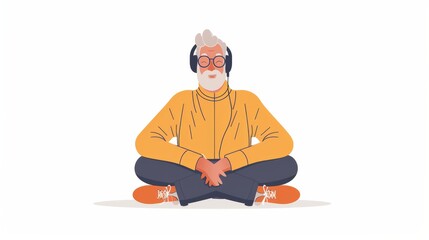 An elderly man sits and listens to music on headphones on a white background