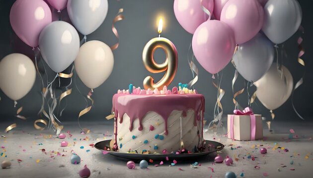 number 9 candle on a twenty eit year birthday or anniversary cake celebration with balloons