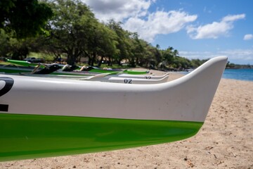 Kayaks lined in a row along sunny Kaanapali Beach in Lahaina, Hawaii on the island of Maui.