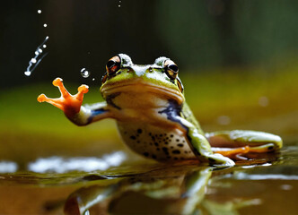  a frog in a jump with its paws outstretched and it