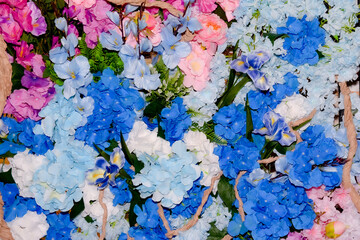 wall of blue and pink flowers, photo zone 