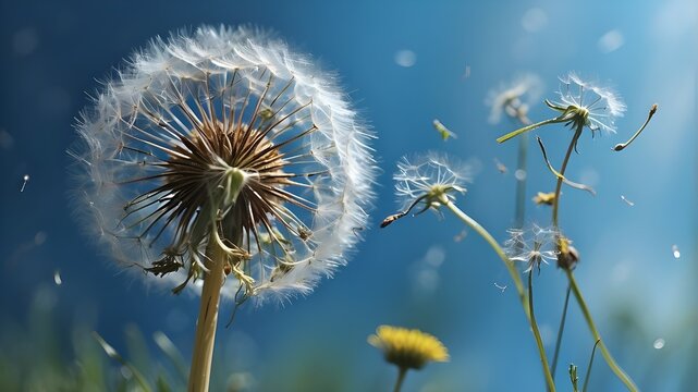  A photorealistic depiction of a macro dandelion against a serene blue background, symbolizing freedom and the act of making wishes. The image conveys the sentiment of bidding farewell to summer, embr