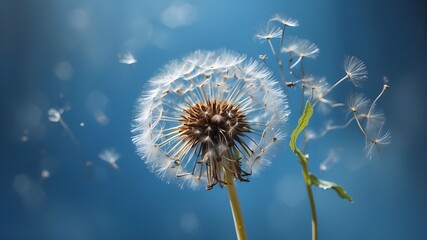  A photorealistic depiction of a macro dandelion against a serene blue background, symbolizing freedom and the act of making wishes. The image conveys the sentiment of bidding farewell to summer, embr - obrazy, fototapety, plakaty