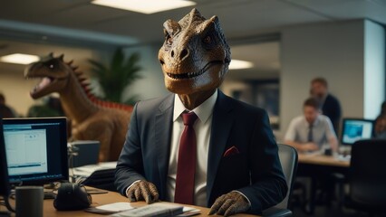 tirex dinosaur work on office, ultra realistic 12k