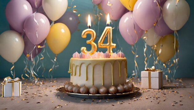 number 34 candle on a twenty eit year birthday or anniversary cake celebration with balloons