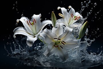 Floral Lily flowers splashes on black background. White colored blossom vibrant lilies petals. Generate ai