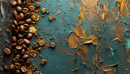 Textured abstract background with coffee beans and golden highlights, suitable for sophisticated culinary themes