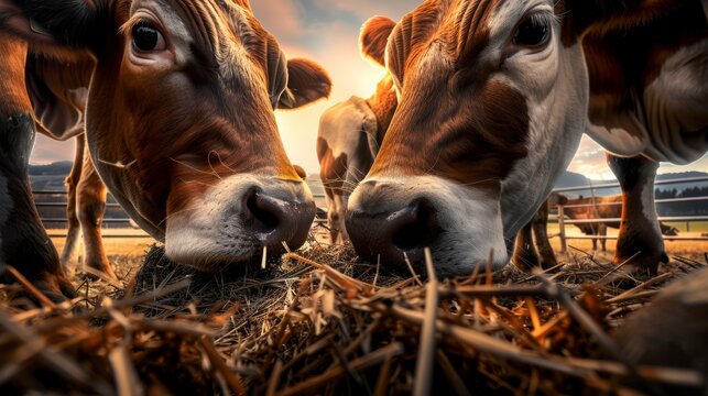 Cows on Farm eating hay in the stable, close up. Banner modern farm dairy and meat production livestock industry. digital art