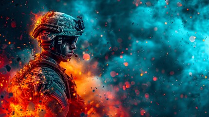 A soldier stands in a battlefield, explosions and smoke surround him. - obrazy, fototapety, plakaty