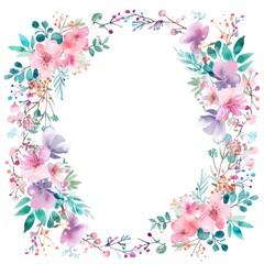 A lovely floral wreath border over an empty white background is watercolor and pastel color decorated.
