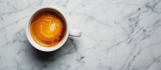 A white cup filled with espresso on a marble background, with space for text. Viewed from above.
