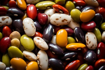 Variegated Spotted beans colorful closeup. Legume food. Generate Ai