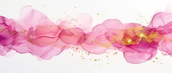 Marble pattern in soft line watercolour, alcohol ink painting with shiny gold, fuschia, and white colours
