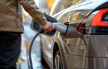 Man Pumping Gas Into Car at Gas Station - obrazy, fototapety, plakaty