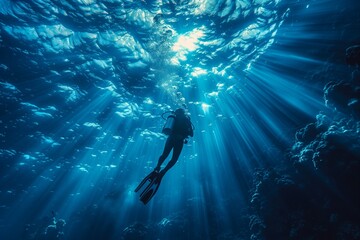 Scuba diver exploring the deep ocean light rays