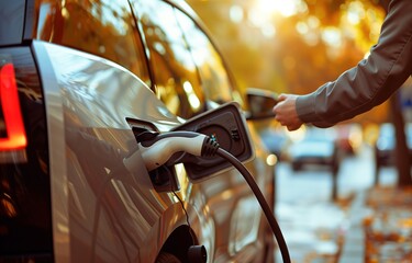 Person Pumping Gas Into a Car - obrazy, fototapety, plakaty