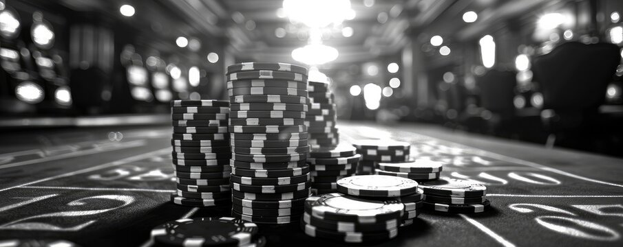 a faraway image of an empty casino with chips on the floor and in black and white colour
