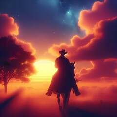 A man riding a horse down a road at sunset, cowboy dream