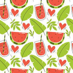 Seamless pattern with watermelon slices and drink in cartoon flat style, bright and summer print. Vector illustration.