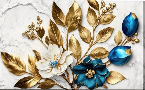 Abstract blue marble texture background with gold splashes flower designs, wall decoration, panel wall, art oil Painting,