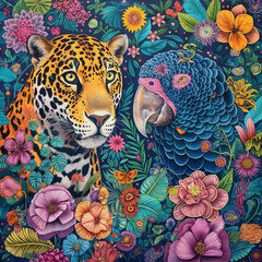 Obraz premium Brazilian fauna and flora, two characters, a jaguar and a blue macaw covered in flowers by harryfinney, bold manga lines, in the style of portraits