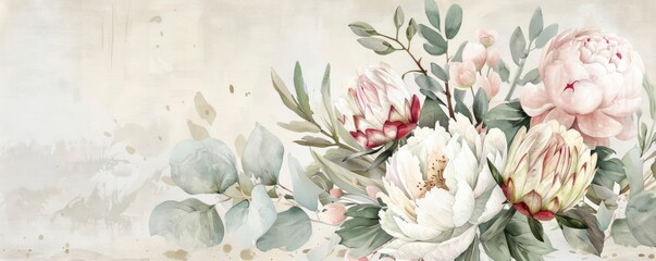 light pink peony flower with leaves vintage copyspace background
