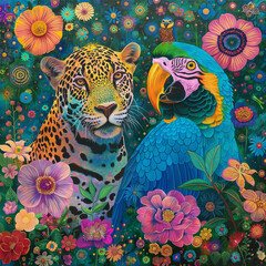 Brazilian fauna and flora, two characters, a jaguar and a blue macaw covered in flowers by harryfinney, bold manga lines, in the style of portraits