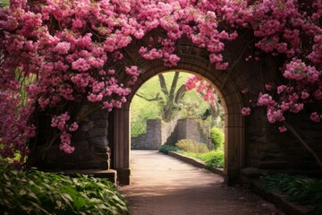 Spring flowers arch. Green nature park. Generate Ai