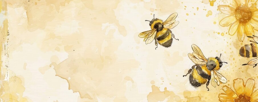 watercolour painting of honey bee and sunflower with soft brown abstract copyspace background