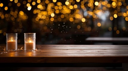 A wooden tabletop offers a warm welcome with soft ambient bokeh lights to set a relaxed restaurant...