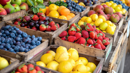 Colorful fresh fruits and vegetables were for sale at the market, in a closeup shot