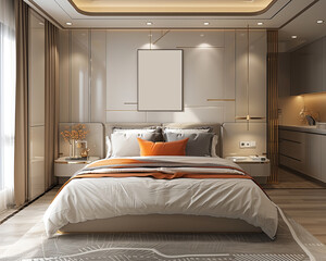 the bedroom with a poster mockup on the wall in the style of light gray and light beige,