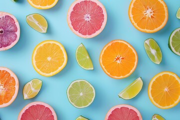 Pattern of ripe slices of citrus fruits on blue background