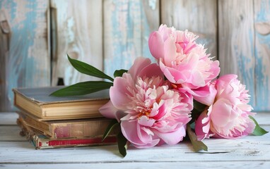 Aesthetic Composition: Pink Peonies, Books, and Wooden Table