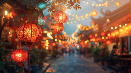 Twilight Glow at a Lantern-Adorned Street Market in Asia - obrazy, fototapety, plakaty