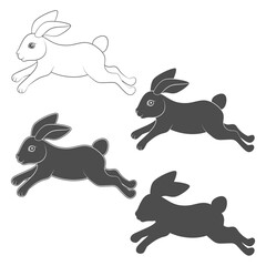 Set of black and white illustrations with cute jumping bunny. Isolated vector objects on white background.