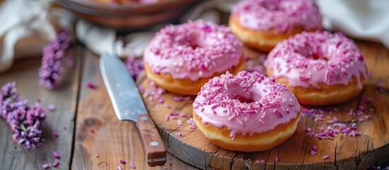 Obraz na płótnie Canvas On a wooden board are round donuts with pink frosting, accompanied by a knife and a cotton napkin nearby. It is a vibrant display of sweet treats.