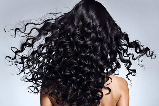 back view brunette with long curly flowing hair