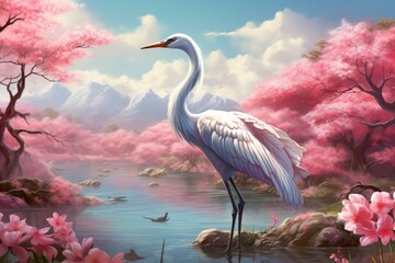 Tranquil Spring scenery crane. Flock sunset. Generate Ai