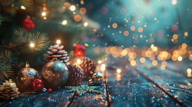 christmas-3d-background, Fir branches, Christmas tree baubles, glitter, 16:9