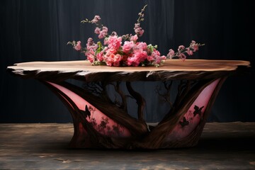 Fragrant Spring wooden table tree blossom. Empty plank. Generate Ai