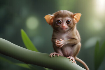 Obraz premium funny cute tarsier on a tree in the jungle