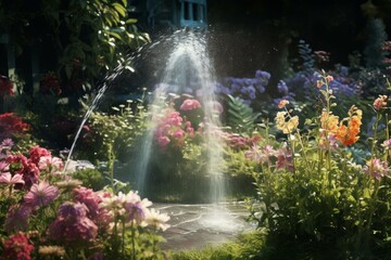 Efficient Sprinklers garden. Spray wet irrigation. Generate Ai