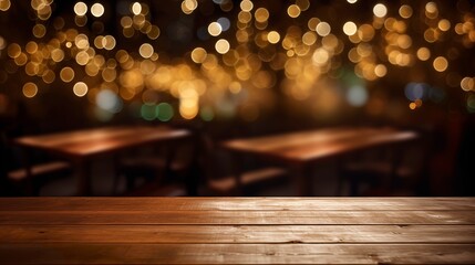 Empty wood table for product display in blur background of admirable restaurant at night