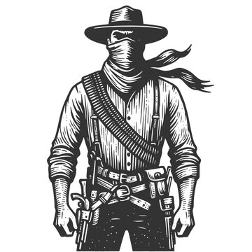 anonymous cowboy in traditional Western wear ready for a duel, embodying the spirit of the Wild West sketch engraving generative ai fictional character vector illustration. Black and white image.