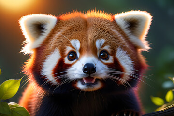 Little cute red panda on a tree in backlight