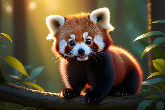 Little cute red panda on a tree in backlight